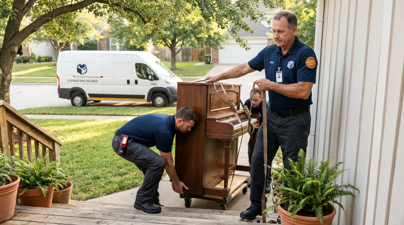 Licensed piano movers securing grand piano in Purvis, MS