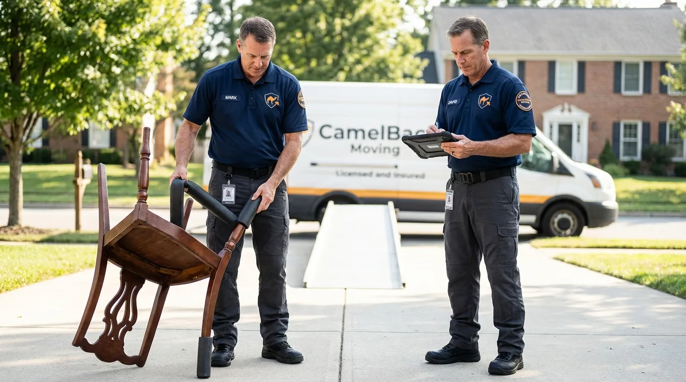 Movers inspecting furniture for damage prevention before loading in Purvis, MS