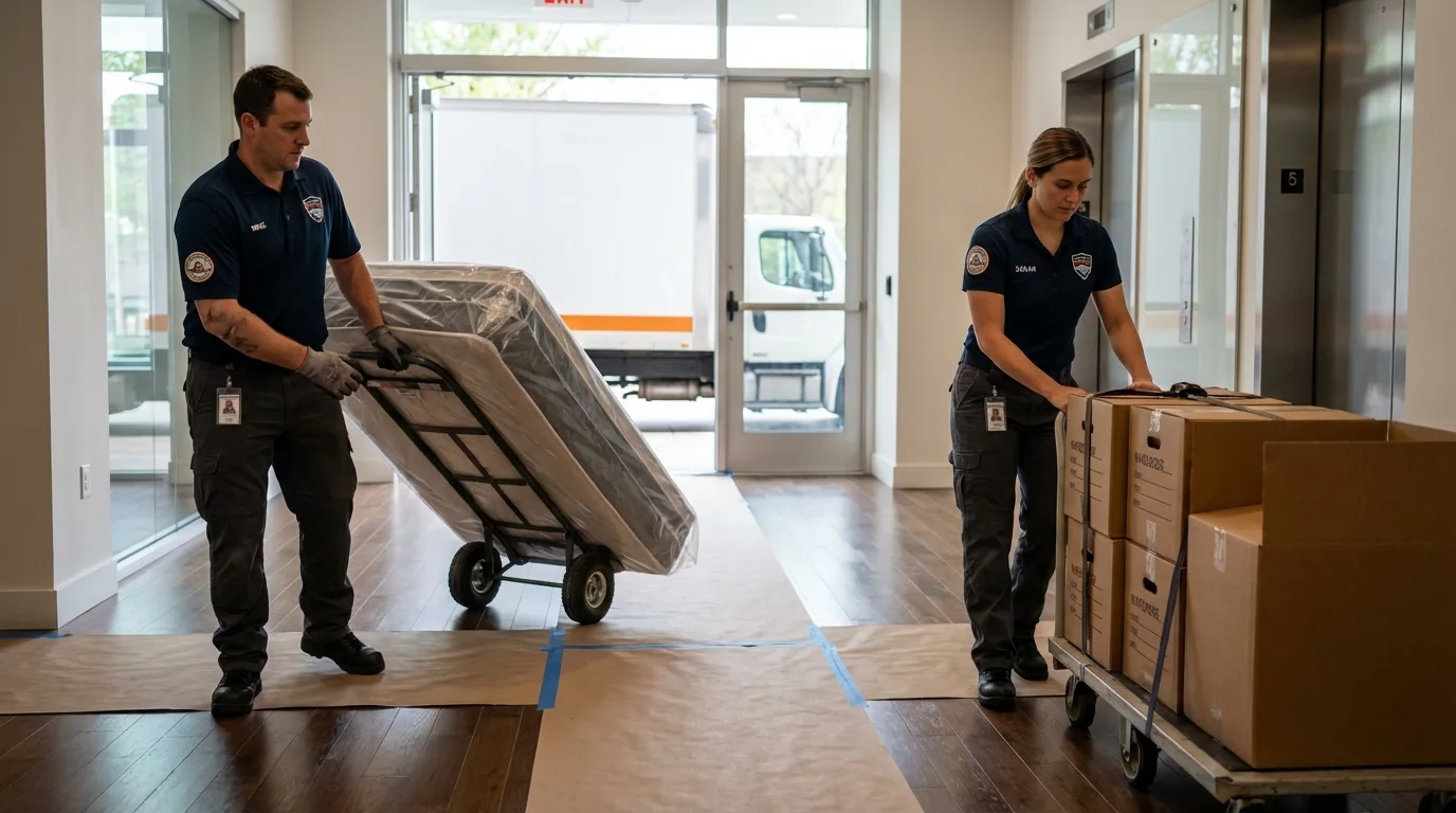 Professional apartment movers loading elevator in Purvis, MS